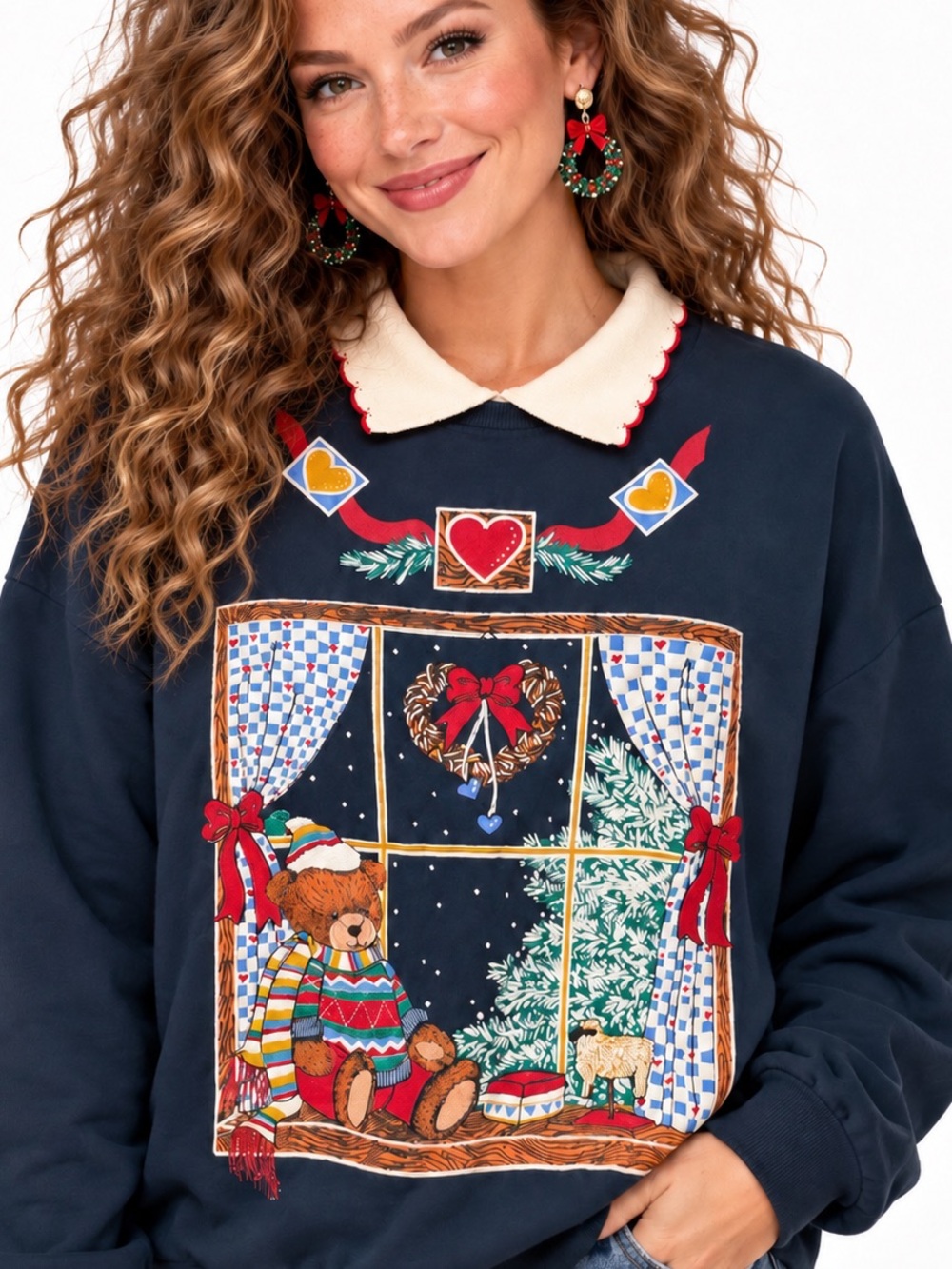 Vintage Christmas Teddy Bear Window Scene Sweater Navy Blue Holiday Collared L